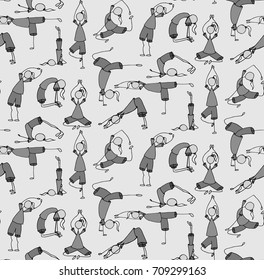 Gray seamless pattern with girl make yoga. Hand drawn doodle sketch.