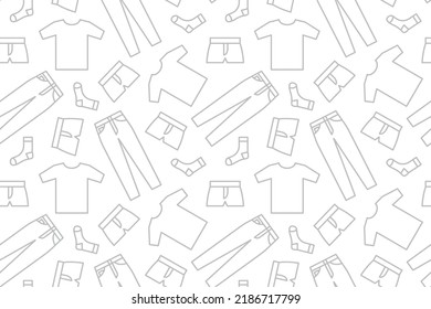 gray seamless pattern with male clothes: socks, boxer shorts, jeans and t-shirt, fashion industry, great for wrapping, textile, wallpaper, greeting card- vector illustration