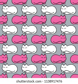 gray seamless pattern with white and pink sleeping cat. vector