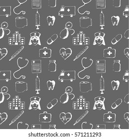 Gray seamless pattern-medical items. This illustration is drawn with a pencil.