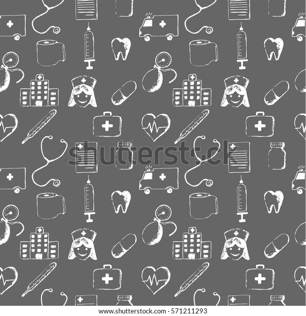 Gray seamless pattern-medical items. This\
illustration is drawn with a\
pencil.
