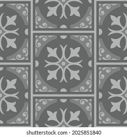 Gray seamless tile design. Vintage wallpaper elements Islam, Arabic, Indian, Ottoman, Motifs, Pottery, Damask. Perfect for printing on fabric or paper. Grey color, ceramic tiled pattern, vector