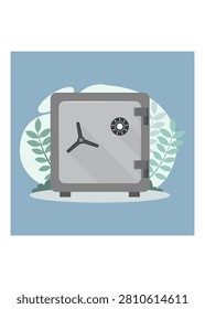 A gray secure metal safe deposit box featuring a mechanical combination dial lock, a three-spoke handle, and heavy-duty hinges on a blue background.