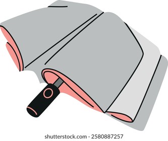 Gray semi folded travel umbrella. Vector illustration isolated on transparent background. Parasol for rainy weather. Rain protection accessory.