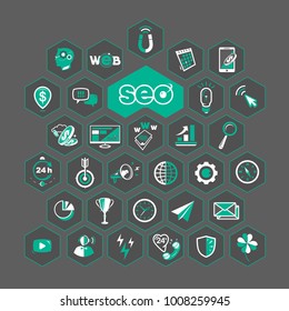 Gray Set of flat design icons for Business, SEO and Social media marketing