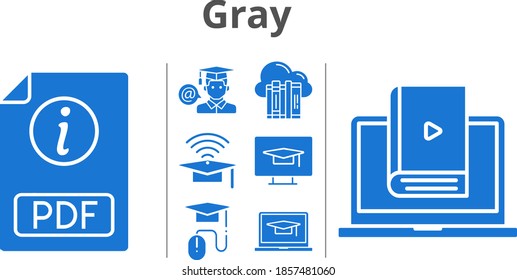 gray set. included cloud, pdf, cap, student-laptop, student, learn, elearning, student-desktop icons. filled styles.
