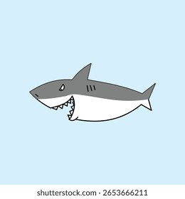 Gray shark illustration with open mouth and sharp teeth on light blue background, suitable for marine, wild animal, animation or children's education themes.