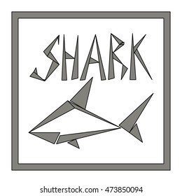 Gray shark made with triangles and polygons. Vector inscription shark.
