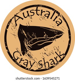Gray shark silhouette icon vector round shabby emblem design old retro style. Shark head logo mail stamp on craft paper. Deepwater dogfish shark vintage grunge sign. DeepWater Dog Fish Shark