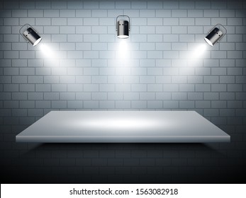 Gray shelf with spotlights on the wall. Vector illustration