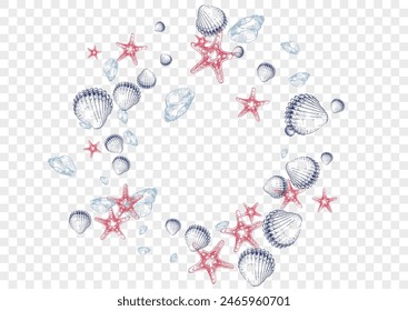 Gray Shell Background Transparent Vector. Clam Drawn Textile Card. Aquatic Wallpaper. Orange Shellfish Coastal Set. Navy Oyster.