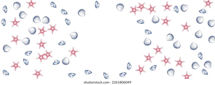 Gray Shellfish Background White Vector. Clam Tropical Wallpaper. Doodle Pattern. Blue Shell Decoration Textile Card.