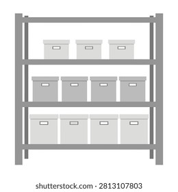 A gray shelving unit holds multiple storage boxes on its three shelves in a tidy arrangement