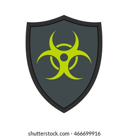 Gray shield with a biohazard sign icon in flat style on a white background