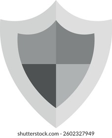 Gray shield divided into four quadrants with varying shades, symbolizing protection and security. Defense, shield, safe.