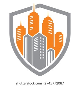 Gray shield icon containing cityscape with orange and gray buildings