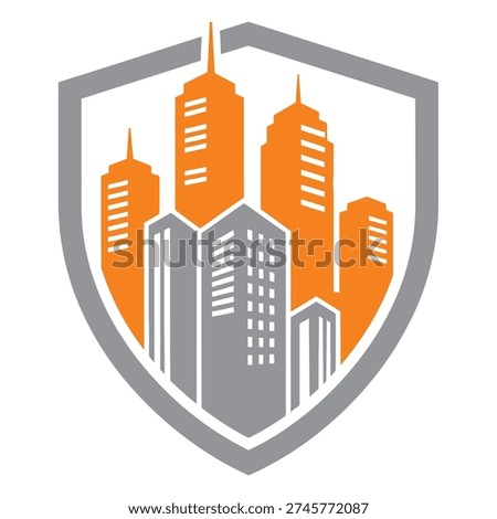 Gray shield icon containing cityscape with orange and gray buildings