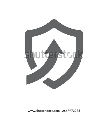 A gray shield icon with an upward-pointing arrow, representing protection and growth. The design is simple and modern.