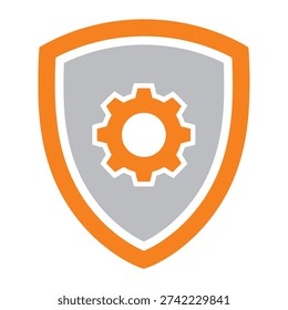 A gray shield with an orange gear in the center, surrounded by an orange border.