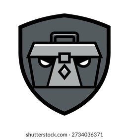 Gray shield with stylized briefcase face and black outline emblem logo