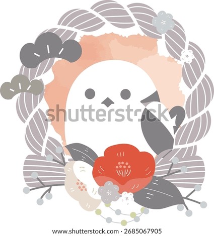 Gray Shimenawa Wreath with Long-tailed Tit and Camellia Flower