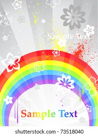 gray shiny, radiant with bright rainbow background and white stylized flowers.