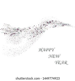 A gray shiny wave of glitter dots and stars on a white background. Greeting card Happy New Year