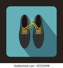 Gray shoes with laces tied together icon in flat style on a baby blue background