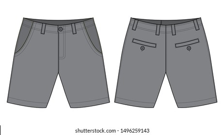 Gray Short Pants with Pockets in Back Template on White Background. Front and Back Views, Vector File.