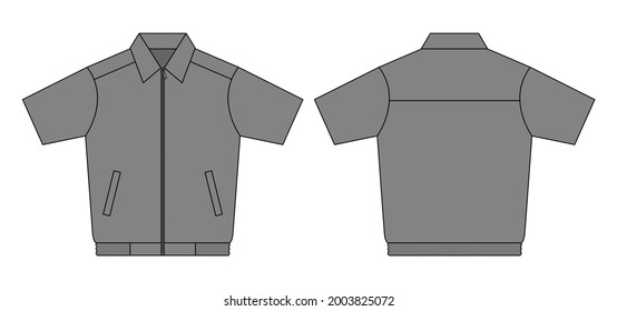 Gray Short Sleeve Technician Work Shirt Template on White Background. Front and Back View.