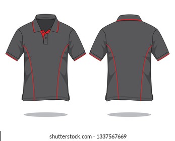 Gray Short Sleeves Polo Shirt with Red Ribbed Collar and Piped Design on Gray Background. Front and Back Views, Vector File.