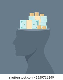 Gray side view male silhouette with stacks of money in his head, flat vector illustration