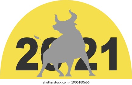 gray silhouette of an angry bull on the background of the numbers 2021 and sun vector