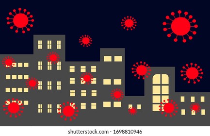 Gray Silhouette building with the light from window in the midnight blue background and red virus  floating in the air. Germs are spreading in the city. infection town. Virus is attacking. vecter.