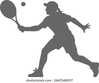 Silhueta cinza de uma jogadora de tênis golpeando dinamicamente uma bola com sua raquete contra um fundo branco. A imagem é uma silhueta simples e limpa que enfatiza o movimento e a ação.
