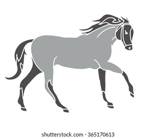 The gray silhouette of a galloping horse