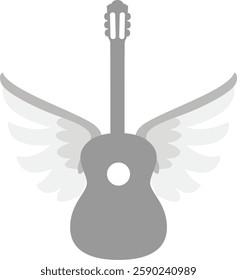 Gray silhouette of a guitar with wings suitable for music posters, tshirt designs, rock band logos, and music festival promotions.