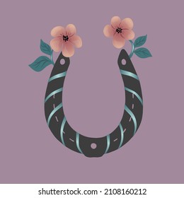 Gray silhouette of  horseshoe, braided with ribbon and flowers on a lilac background. Vector illustration of the symbol of good luck. Horseshoe for good luck.  Horseshoe is a talisman of abundance 