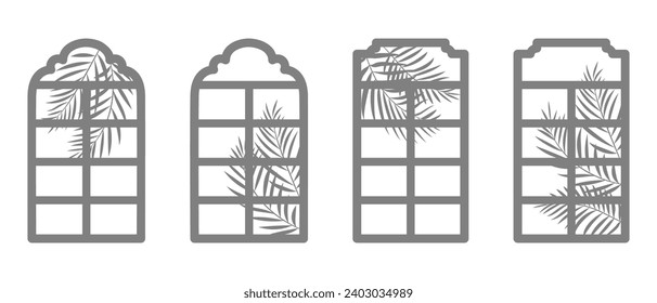 Gray silhouette of an islamic window with palm leaves. Window frame in flat minimal style. Isolated shadow from window and leaves. Vector illustration.