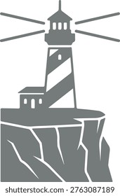 Gray Silhouette Lighthouse on Cliff Edge with Light Beams