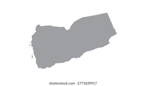 A gray silhouette of the map of Yemen, isolated on a white background. This graphic depicts the country's geographic outline as a flat, monochrome shape.