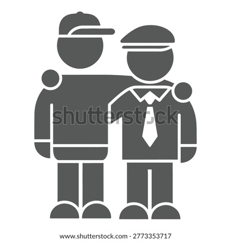 Gray silhouette of two men standing side by side in casual and formal wear icon