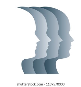 Gray silhouettes of faces, positioned in a straight row. Four overlapping heads, as a symbol for egality, marching in step, military, obedience and loss of identity. Psychology. Illustration. Vector.