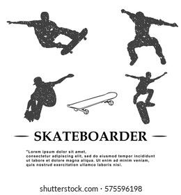 Gray silhouettes of skateboarders on a white background vintage