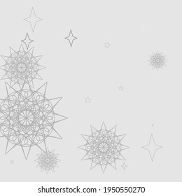 Gray Silver Cozy Mystery White Winter Background. Grey Cold Magic Chaotic Monochrome Wallpaper. Mandala New Year Stars Christmas Sky Ornament. Pastel Snowflake Snow Soft Holiday Composition.