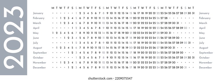 Gray simple linear calendar template for 2023 with week starts on Monday. Wall timeline calender in a minimalist style. Monthly cycle planner. Horizontal grid. Agenda organizer. Vector illustration