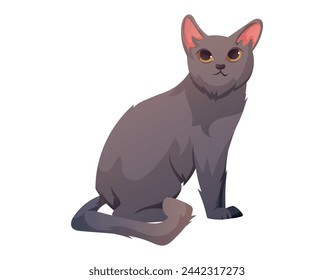 Gray sitting domestic cat, vector isolated cartoon illustration.