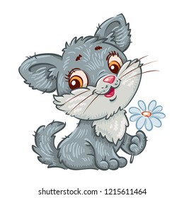 gray sitting kitten with a white flower