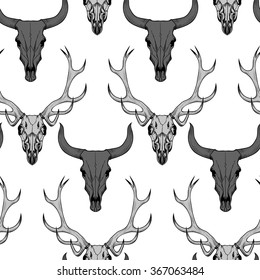Gray skull of a deer and a bull on white background .Vector seamless pattern