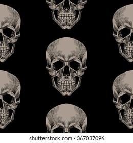 Gray skull on a black background. Vector seamless pattern . Vector seamless pattern